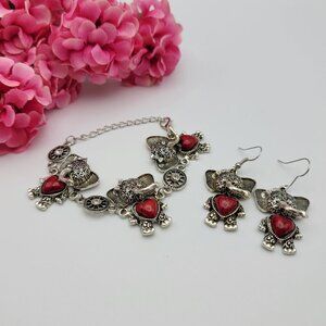 Silver Tone Red Stone Heart Elephant Chain Link Bracelet And Earrings Set 6.5"